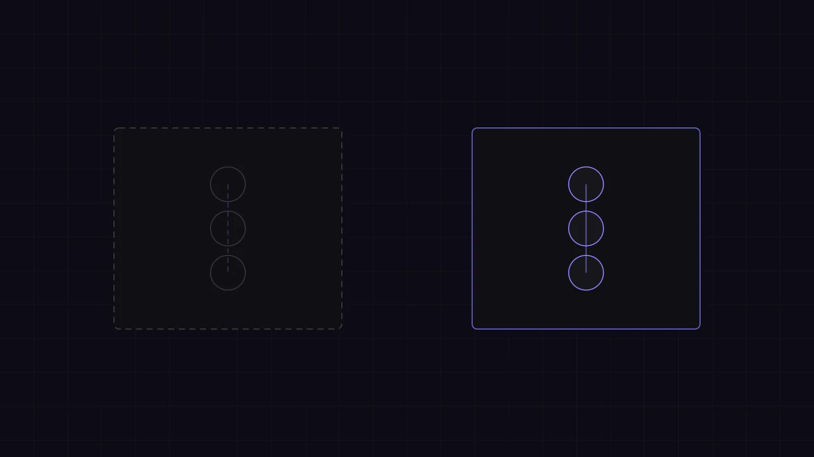 Abstract dark schematic of two operating environments side by side: one with an open dashed boundary, one with a closed solid boundary, each holding a node cluster.