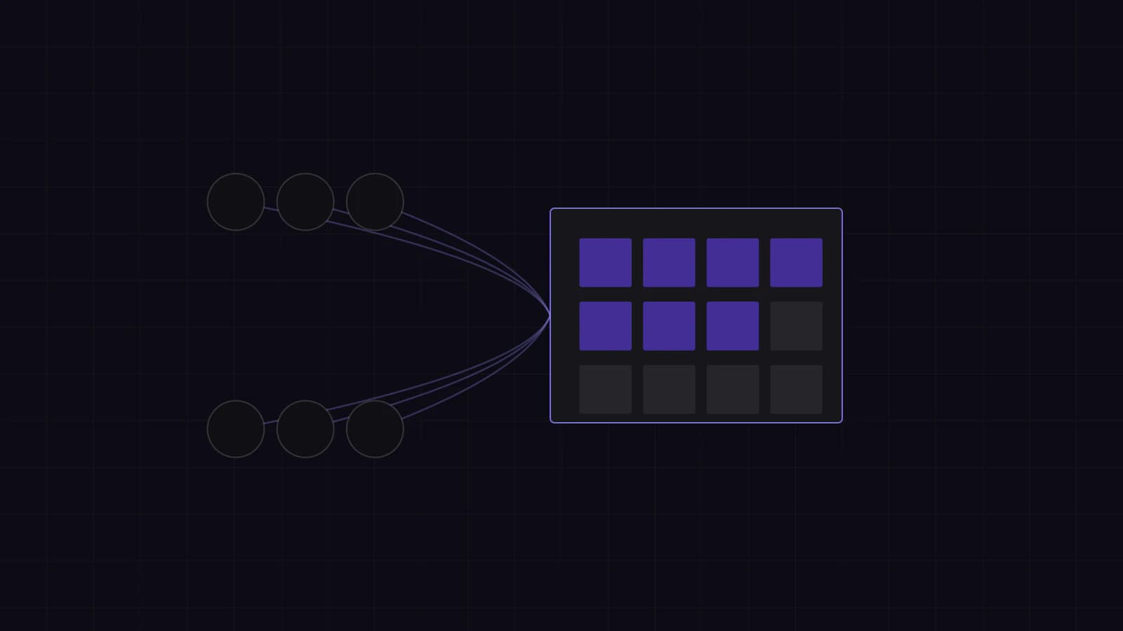 Abstract dark schematic of capacity: six terminal nodes drawing on one bounded block of finite resource cells, some occupied and some free.